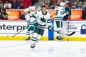 OTTAWA, ON - DECEMBER 03: San Jose Sharks Left Wing Matt Nieto (83) during warm-up before National Hockey League action between the San Jose Sharks and Ottawa Senators on December 3, 2022, at Canadian Tire Centre in Ottawa, ON, Canada. (Photo by Richard A. Whittaker/Icon Sportswire via Getty Images)