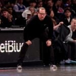 Feb 12, 2025; Brooklyn, New York, USA; Philadelphia 76ers head coach Nick Nurse coaches against the Brooklyn Nets during the fourth quarter at Barclays Center. Mandatory Credit: Brad Penner-Imagn Images